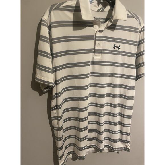 Under Armour Polo Heat Gear Groove‎ Striped Top Tech Golf Shirt White Medium - Picture 2 of 5